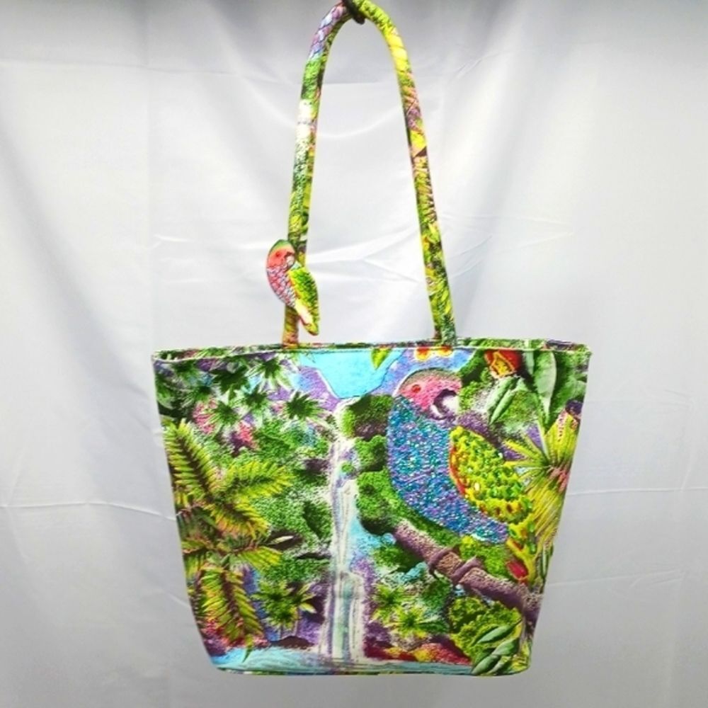 NWOT Cappelli Straworld Large Canvas Tote Jungle Parrot With Embellishments.....